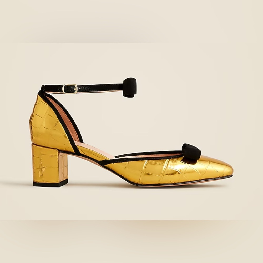 Millie Bow Ankle-Strap Heels in Metallic Croc-Embossed Leather in Gold Size 8.5 - Picture 2 of 13